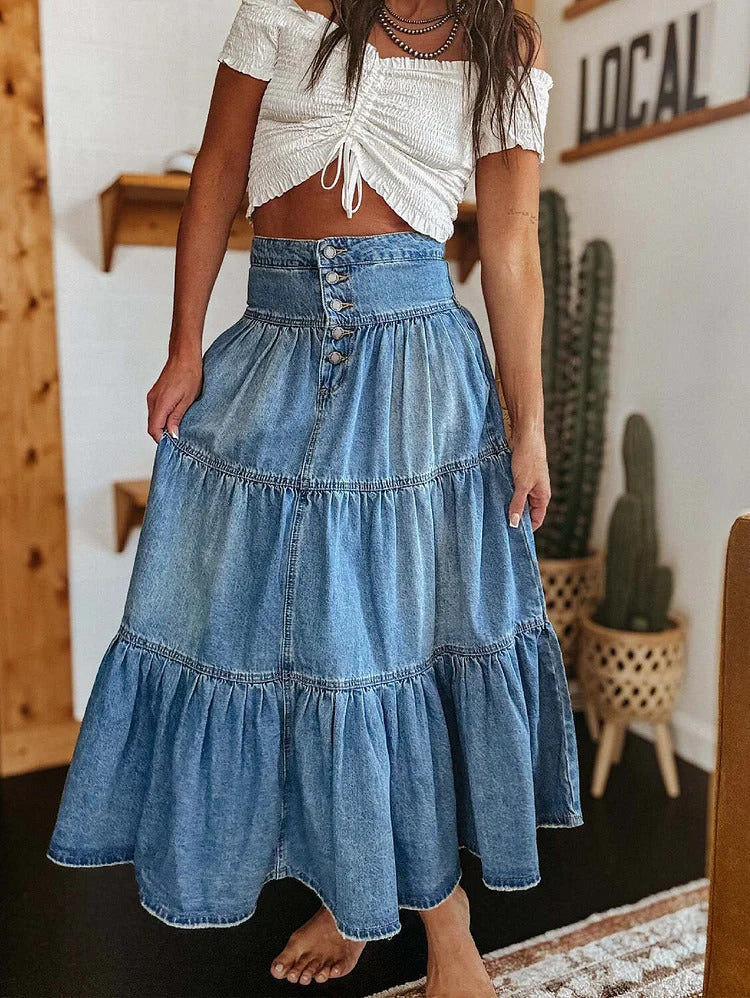 Ursime Boho Denim High Rise Button Tiered Maxi Skirt