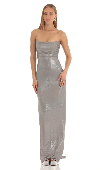 Lucy In The Sky Metallic Corset Maxi Dress in Silver