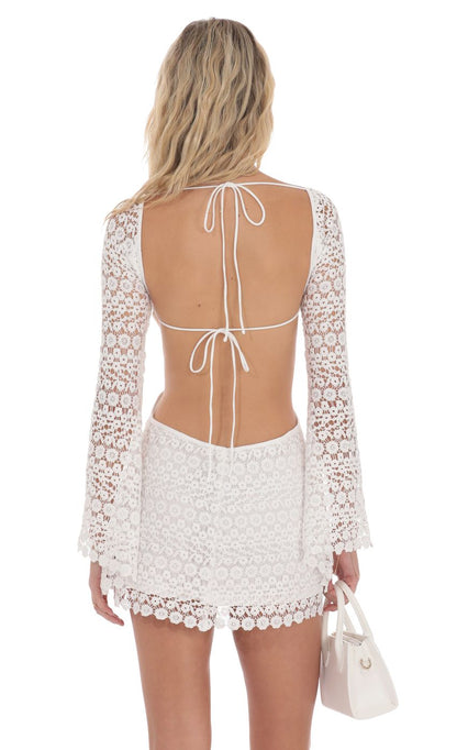 Lucy In The Sky Floral Crochet Long Sleeve Dress in White