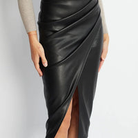 Ursime PU Leather High Rise Pleated Bodycon Midi Skirt