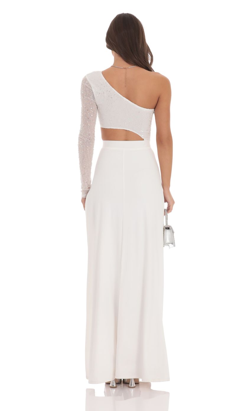 Lucy In The Sky One Shoulder Sequin Maxi Dress in White