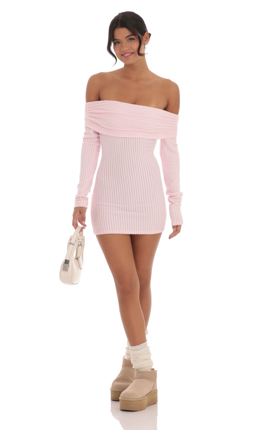 Lucy in the Sky Ribbed Off Shoulder Open Back Dress in Pink