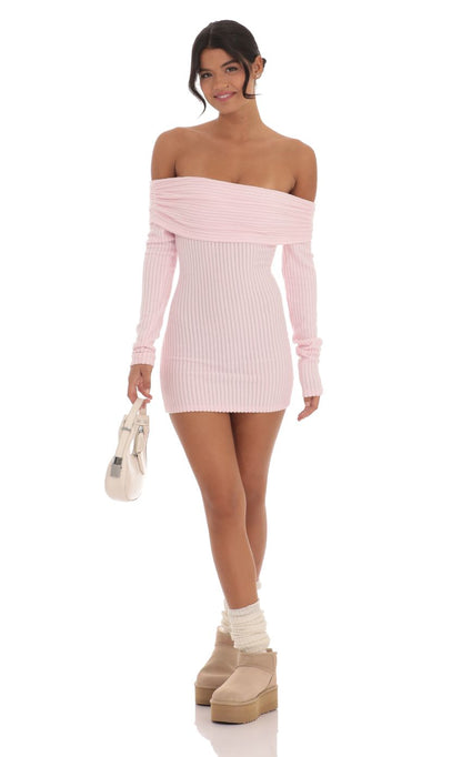 Lucy in the Sky Ribbed Off Shoulder Open Back Dress in Pink