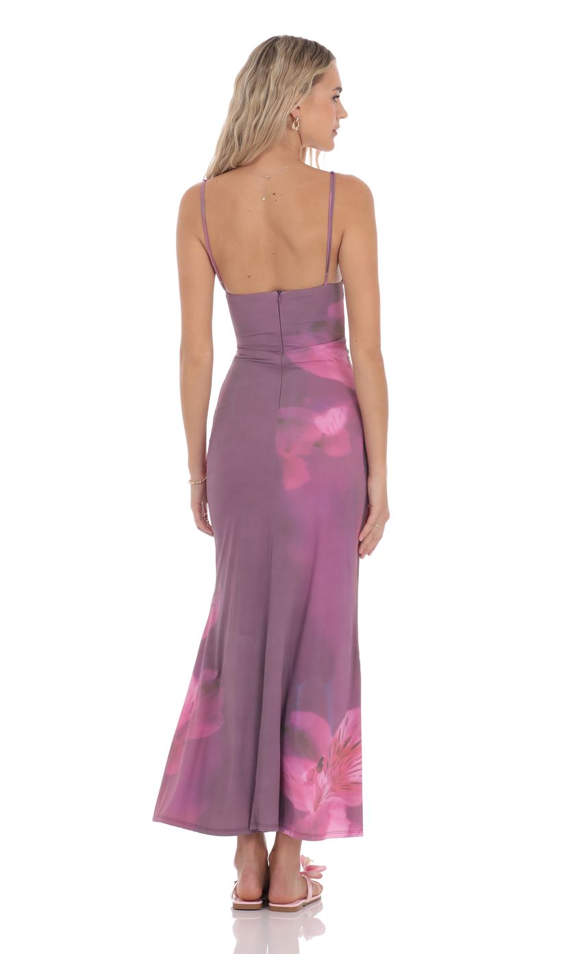 Lucy In The Sky Floral Ruched Cowl Neck Maxi Dress in Purple