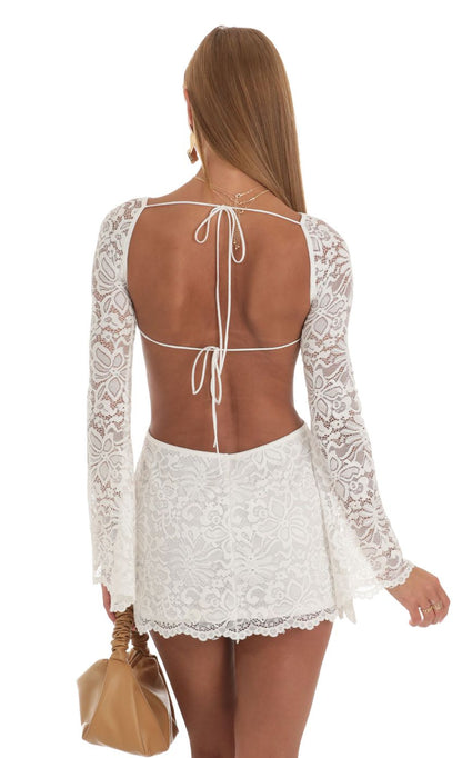 Lucy In The Sky Lace Long Sleeve Dress in White