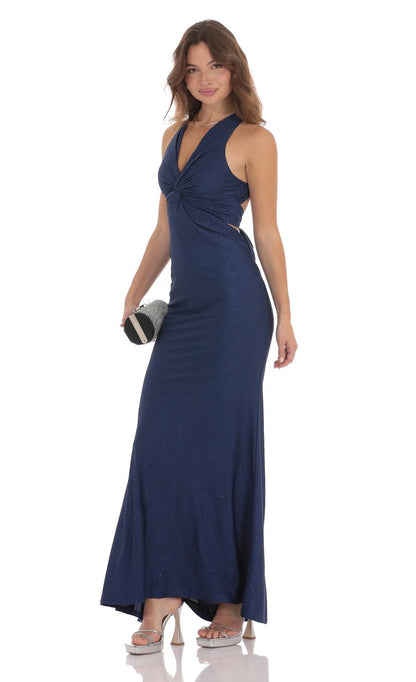 Lucy In The Sky Glitter Twist V-Neck Maxi Dress in Navy