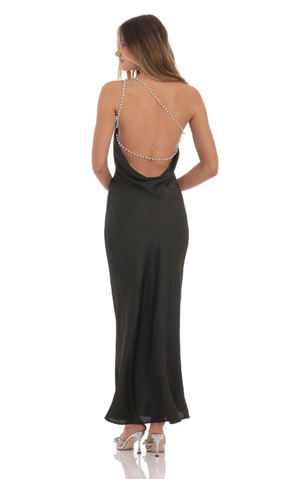 Lucy In The Sky One Shoulder Pearl Satin Maxi Dress in Black