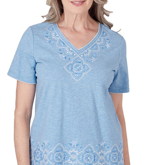 Alfred Dunner Women's V-Neck Embroidered Medallion Top