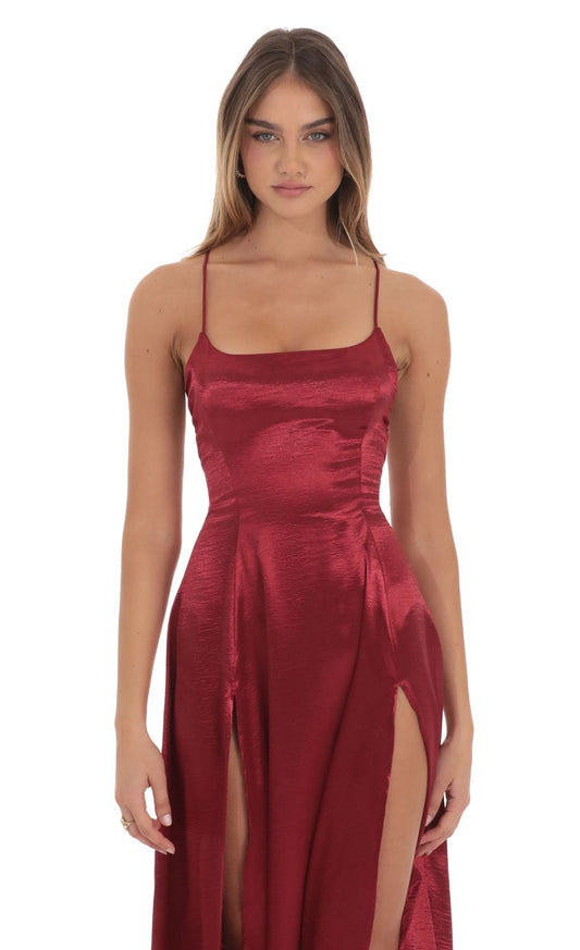 Lucy In The Sky Satin Double Slit Maxi Dress in Deep Red