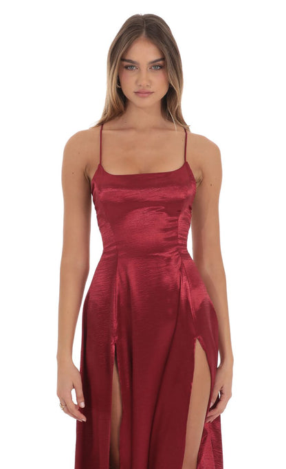 Lucy In The Sky Satin Double Slit Maxi Dress in Deep Red