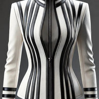 Ursime Contrast Striped High Neck Zip Up PU Leather Jacket