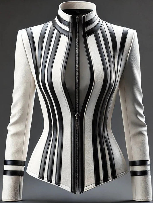 Ursime Contrast Striped High Neck Zip Up PU Leather Jacket