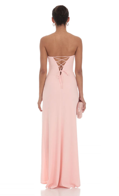Lucy In The Sky Ruched Strapless Corset Maxi Dress in Pink