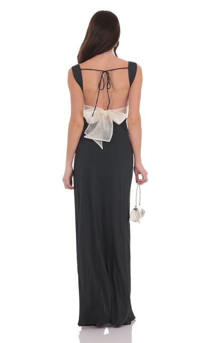 Lucy In The Sky Open Back Bow Maxi Dress in Black