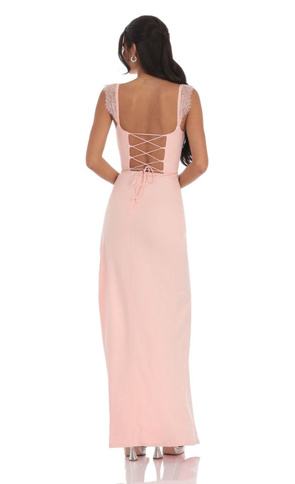 Lucy In The Sky Suede Draped Lace Maxi Dress in Pink