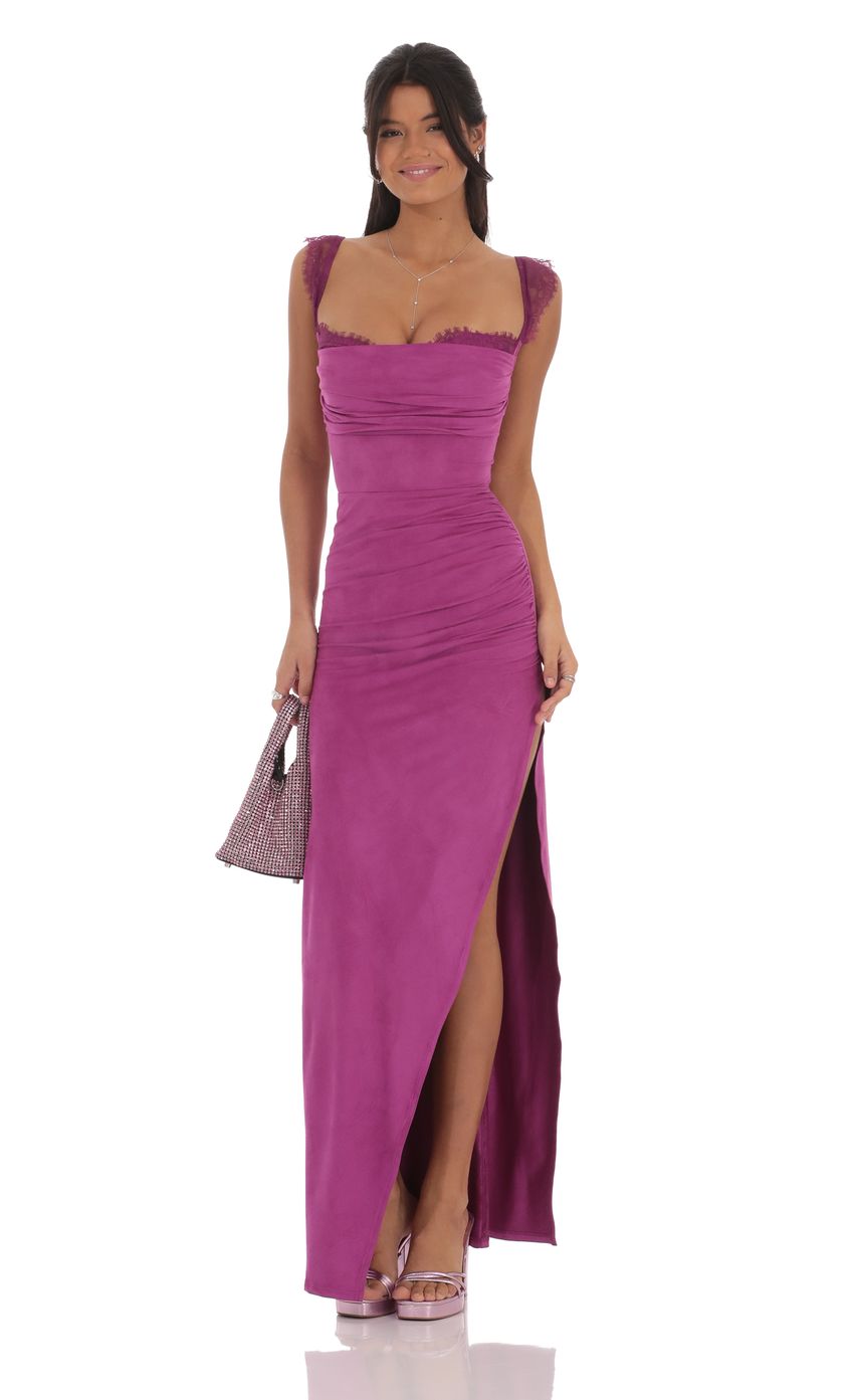 Lucy in the Sky Suede Draped Lace Maxi Dress in Magenta