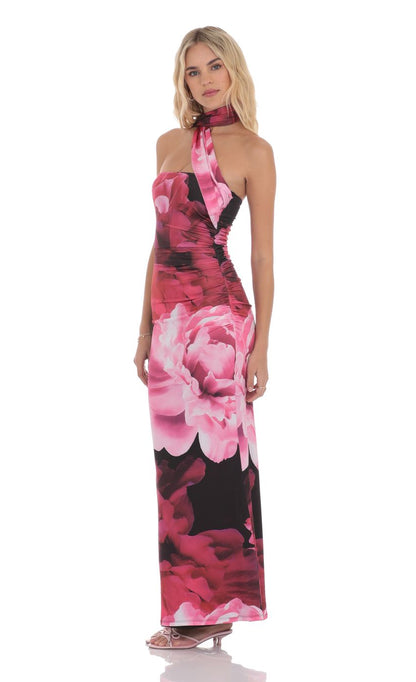 Lucy In The Sky Floral Scarf Maxi Dress in Red and Black