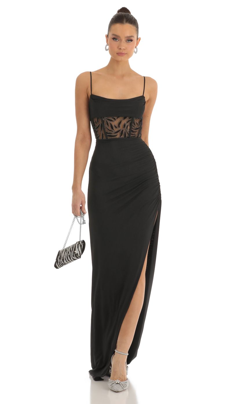 Lucy in the Sky Cutout Glitter Corset Maxi Dress in Black