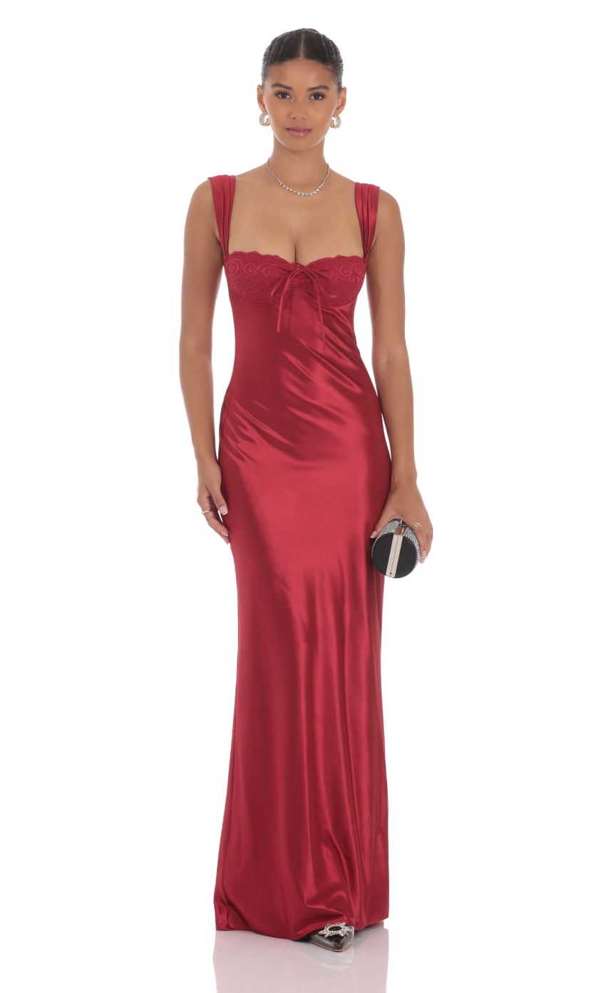 Lucy In The Sky Satin Lace-Bust Dress in Red
