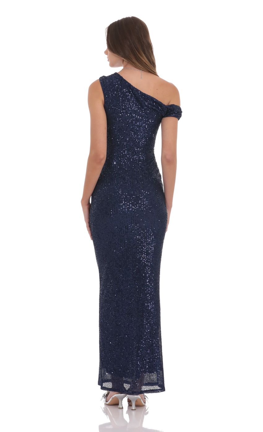 Lucy In The Sky Sequin Off Shoulder Maxi Dress in Navy