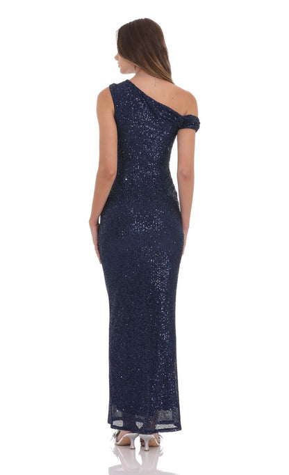 Lucy In The Sky Sequin Off Shoulder Maxi Dress in Navy