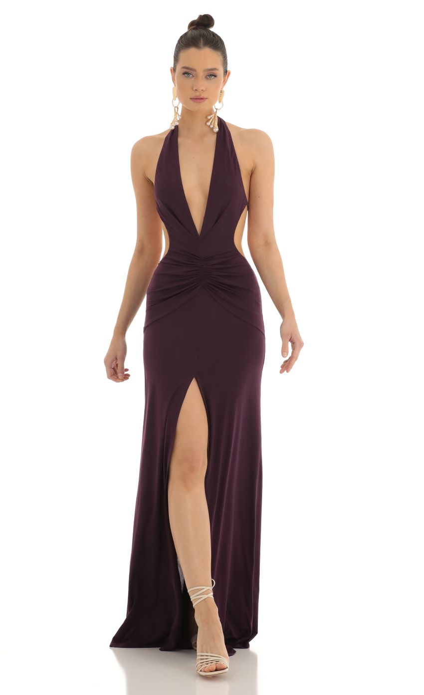 Lucy In The Sky Front Slit Open Back Maxi Dress in Purple