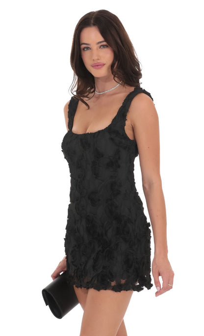 Lucy in the Sky Textured Floral Bodycon Dress in Black