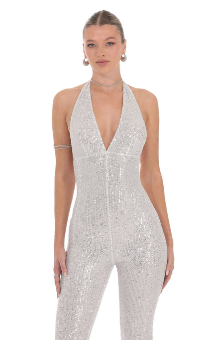 Lucy In The Sky Sequin Halter Jumpsuit in White