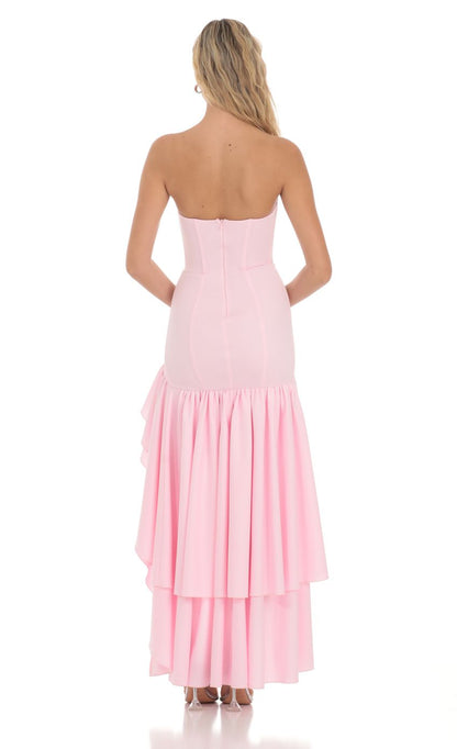 Lucy in the Sky Fishtail Strapless Corset Maxi Dress in Pink