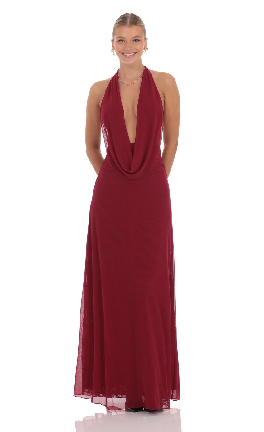 Lucy In The Sky Mesh Plunge Cowl Neck Dress in Maroon