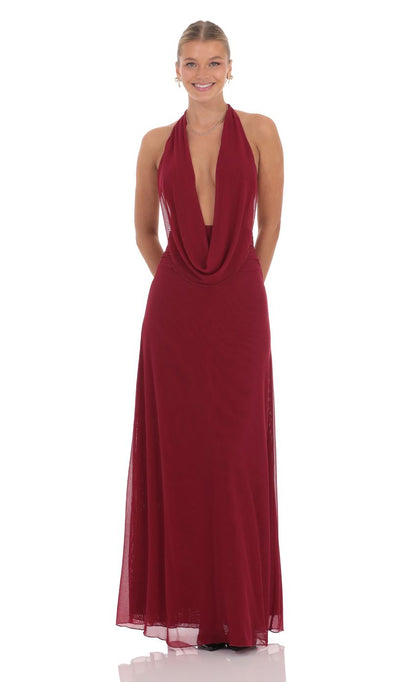 Lucy In The Sky Mesh Plunge Cowl Neck Dress in Maroon