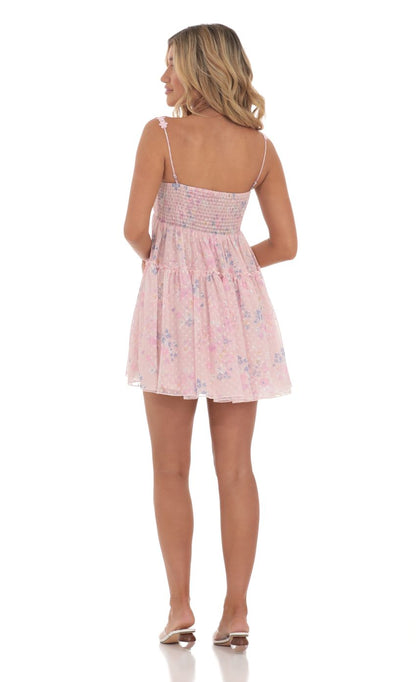 Lucy In The Sky Dotted Floral Babydoll Dress in Pink