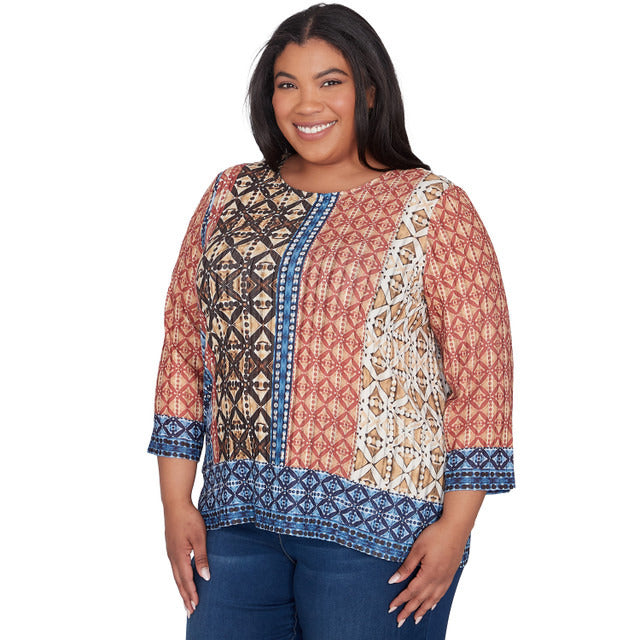 Alfred Dunner Women's Batik Textured Border Top