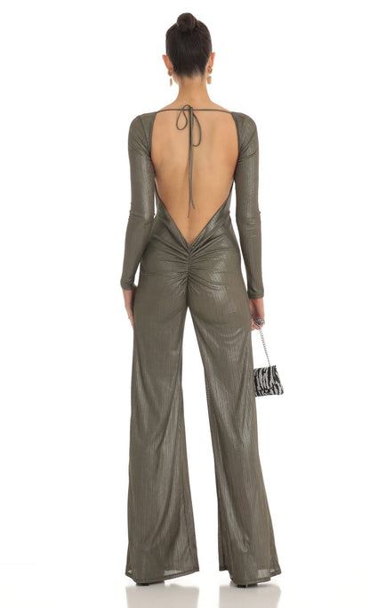 Lucy In The Sky Shimmer Open Back Long Sleeve Jumpsuit in Olive