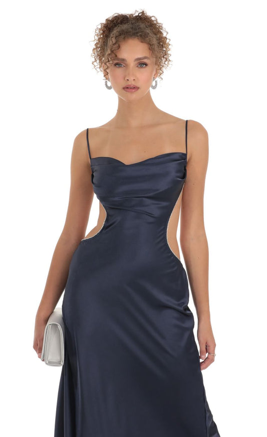 Lucy In The Sky Satin Rhinestone Maxi Dress in Navy