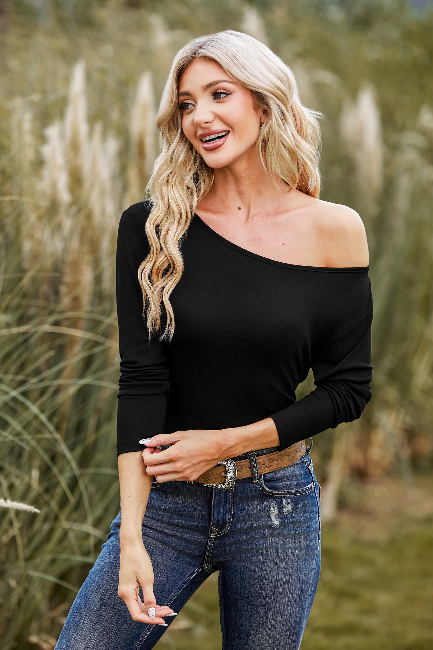 Cupshe Black One Shoulder Long Sleeve Sweater (x2)