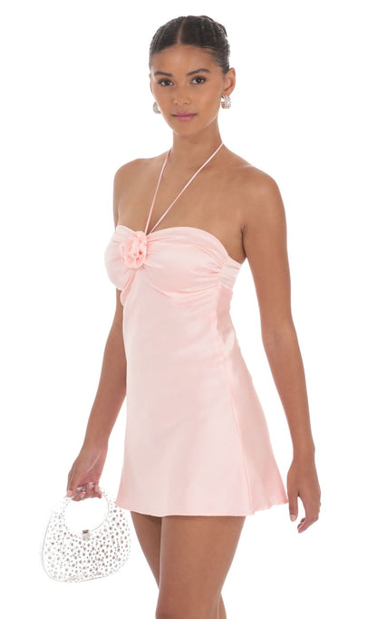 Lucy In The Sky Flower Satin Halter Dress in Pink