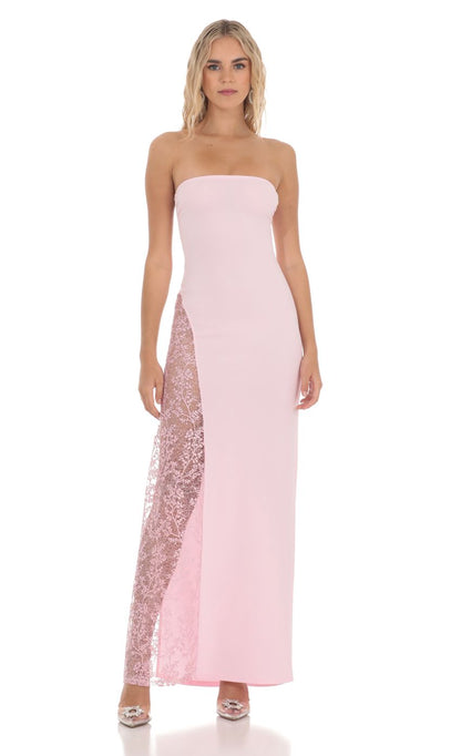 Lucy in the Sky Strapless Lace Embroidered Slit in Pink