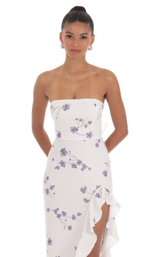 Lucy In The Sky Floral Strapless Back Bow Corset Maxi Dress in White