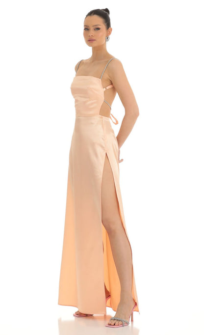 Lucy In The Sky Rhinestone Maxi Dress in Peach