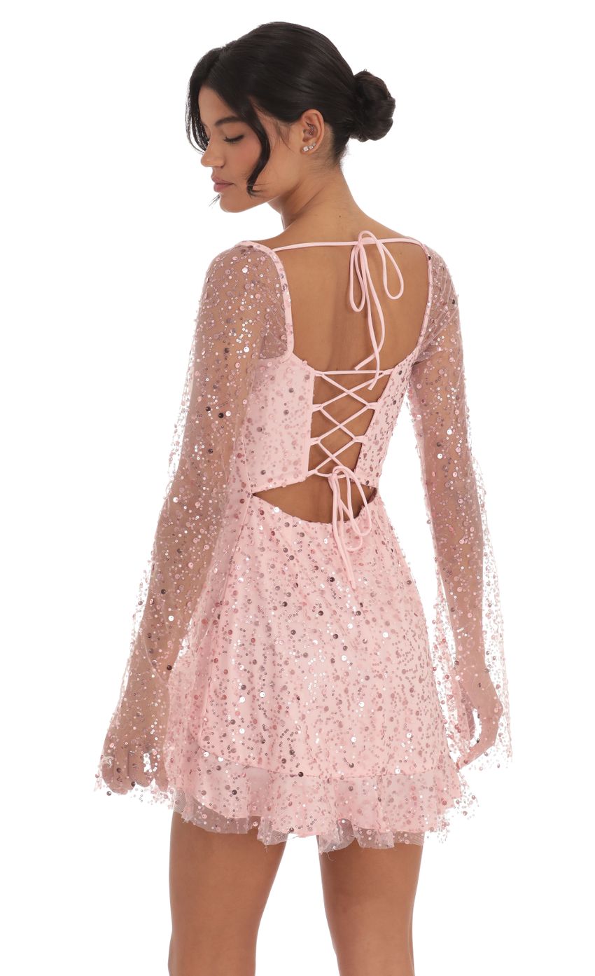 Lucy In The Sky Sequin Flare Long Sleeve Dress in Pink