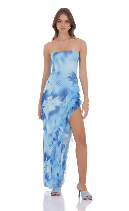 Lucy in the Sky Floral Mesh Strapless Triple Ruffle Maxi Dress in Blue