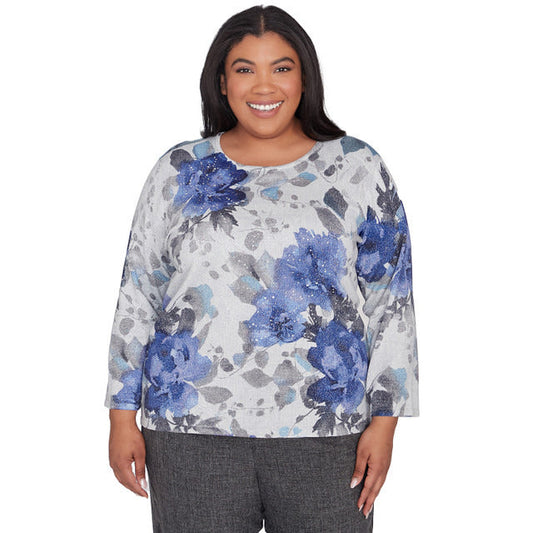 Alfred Dunner Women's Watercolor Floral Shimmer Crew Neck Sweater