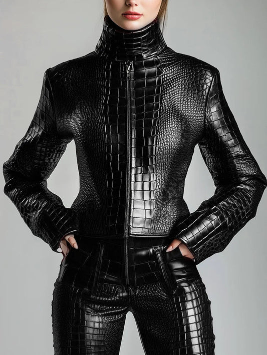 Ursime Alligator Pattern PU Leather High Neck Zipper Jacket