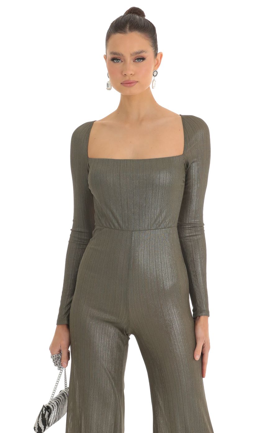 Lucy In The Sky Shimmer Open Back Long Sleeve Jumpsuit in Olive