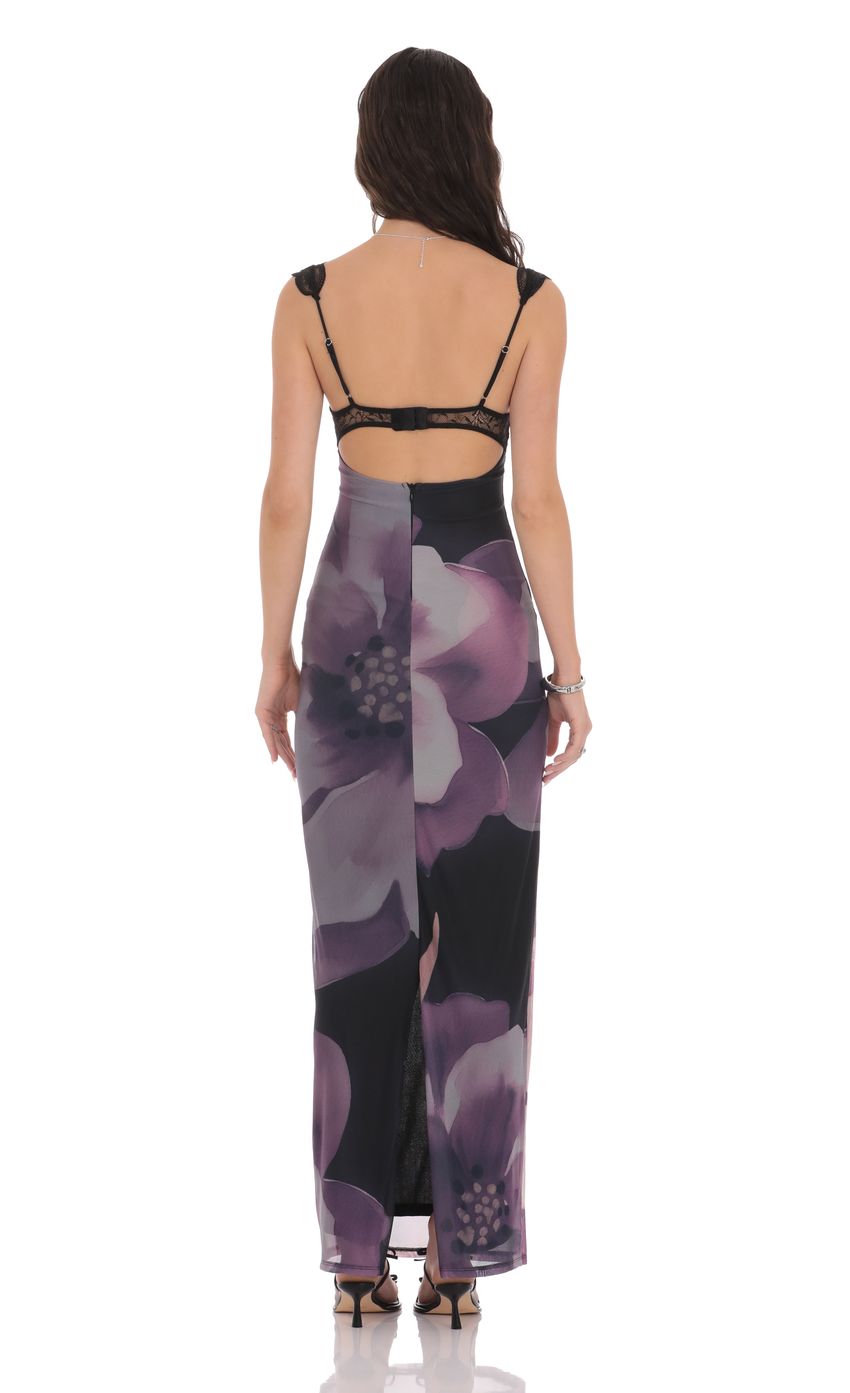 Lucy In The Sky Cutout Lace Floral Maxi Dress in Purple