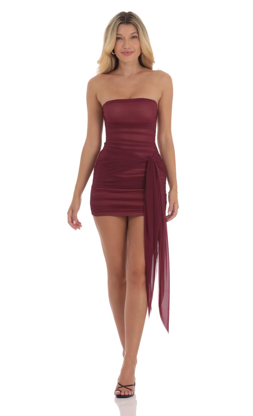 Lucy In The Sky Mesh Tie Tassel Bodycon Dress in Burgundy