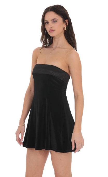 Lucy In The Sky Strapless Velvet Skater Dress in Black