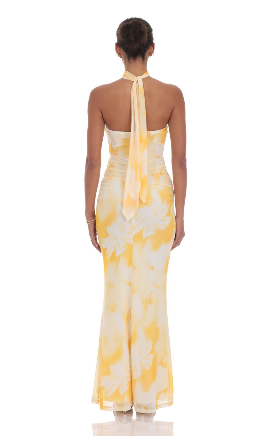 Lucy in the Sky Scarf Mesh Floral Strapless Maxi Dress in Yellow