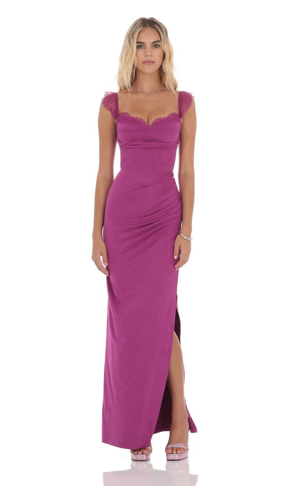 Lucy In The Sky Suede Draped Lace Maxi Dress in Magenta